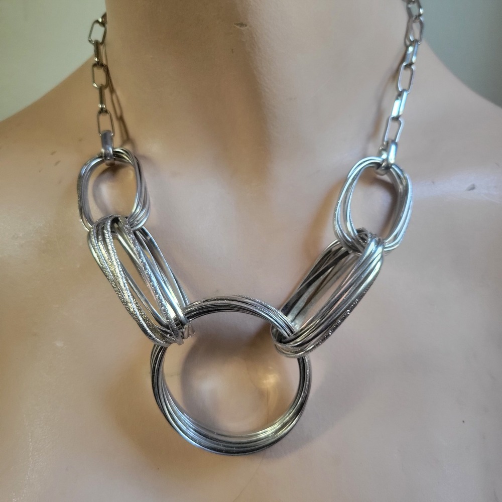 NY & Co Silver Tone Multi Hoop Statement Necklace Chunky Link Y2K 2000s